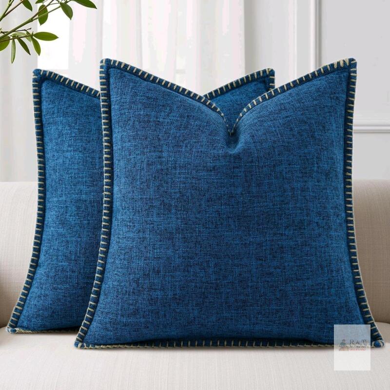 New DecorIHome Decorative Throw Pillow Covers 18x18 Set of 2 Square Faux Linen Outdoor Neutral Farmhouse Coastal Pillow Covers with Stitched Edge for Couch Sofa Living Room, Dark Blue