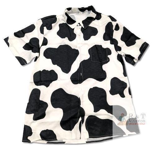 New Size LG Men's Lightweight Woven Hawaiian-Style Cow Print Button-Up Shirt