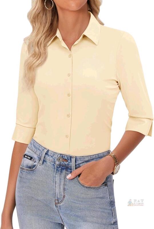 New Size 2XL Women's siliteelon Button Down Shirts 3/4 Sleeve Stretch Fitted Dress Shirt Wrinkle Free Collared Business Work Tops