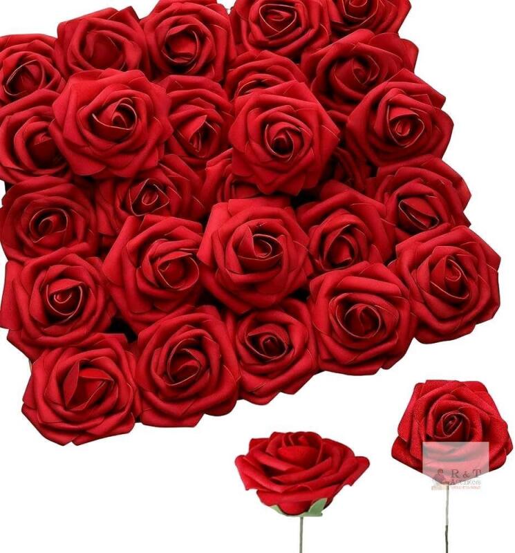 New Mandy's 25pcs Artificial Roses, Silk Dark Red Roses Foam Fake Roses Bulk, Plastic Artificial Flower Bouquet DIY Centerpieces Proposal Bridal Bouquets for Wedding