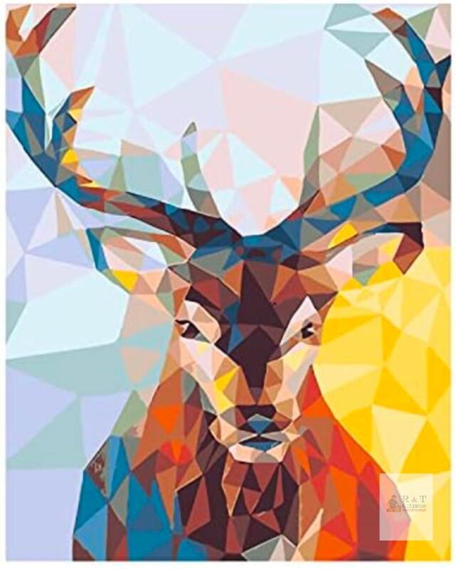 New Vudeco DIY Kit Easy Paint by Numbers for Adults and Kids Ages 8+, 8PC Oil Painting Kit with 1 Canvas / 1 Reference Paint / 3 Brushes / 1 Pigment Set / 2 Hangers - Fractal Abstract Deer, 16" &times; 20"