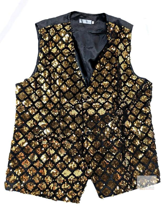 New Size LG Men's Gold/Black Sequin Button Closed Vest Waistcoat
