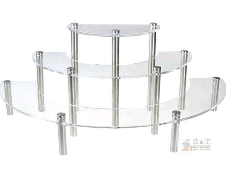 New - 3-Tier Clear Acrylic Half Moon Tabletop Retail Display Riser with Metal Legs . Some Assembly Required