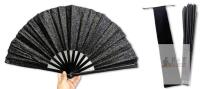 New Large Black Gliter Hand Fan With Velvety Drawstring Carry Bag, Hot Goth Summer, 13.25" Long &times;24.5" Across When Opened, Plastic Ribs, Thick Sturdy Fan Material