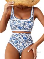 New Size SM Women's Herseas l Bikini Sets Floral Print Whip Stitch 2 Piece Swimsuits High Waisted Scoop Bathing Suits