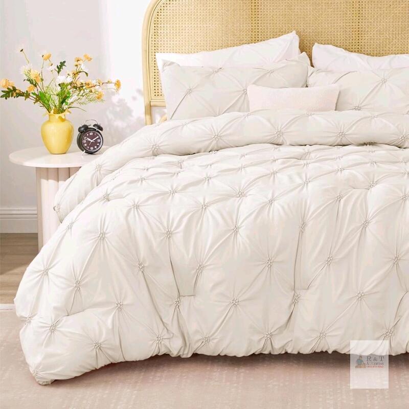 QUEEN Size BEDELITE Cream White Floral Pinch Comforter Set - 3 Pieces Boho Pintuck Bedding Comforter Sets, Lightweight Soft & Warm Bed Comforter with 2 Standard Pillowcases for All Season