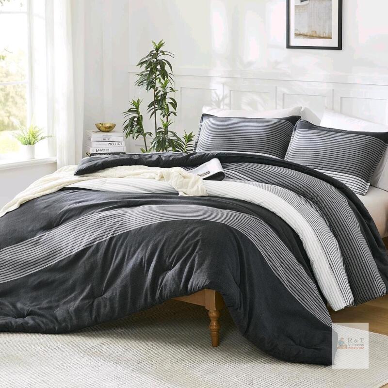 New FULL Size Litanika Comforter Sets Black White Grey - 3 Pieces Lightweight Bedding Set, All Season Down Alternative Comforter (1 Comforter, 2 Pillowcases)