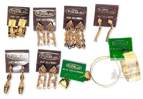 8 Pairs Vintage NOS D'ORLAN Pierced Earrings, 14K Gold Wires, Up To 1.3" Long