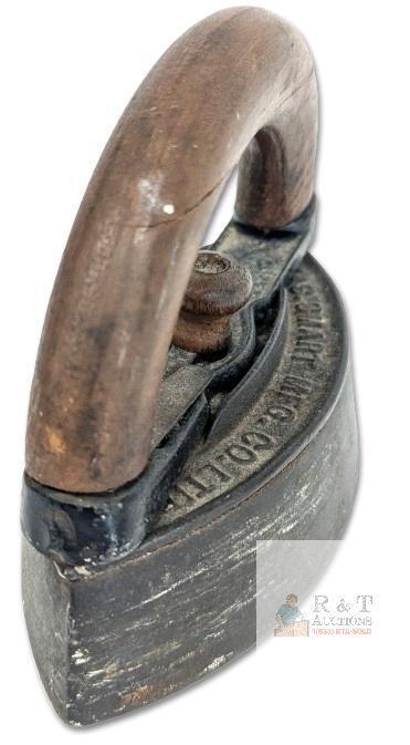 Antique JAS SMART MFG Co, Brockville Ont Sad Iron, Thick Wooden Handle, Cast Iron Base, Handle Releases Well, 5" Tall