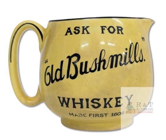 Rare Vintage J A Campbell, Belfast 'Ask for Bushmills Whiskey' Pub Jug Made in England by Crown Ducal,3.8" Tall, Crazing, Chips & Crack Present