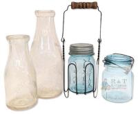 2 Vintage Blue Ball #5 Mason Jars : Ideal Wire Bail Without Lid & Perfect Mason Jar With Basket + 2 Milk Bottles : Large Taylors Dairy Stamford "Loaned - Return When Empty" 10.25" & Point Abino Dairy 7.5"