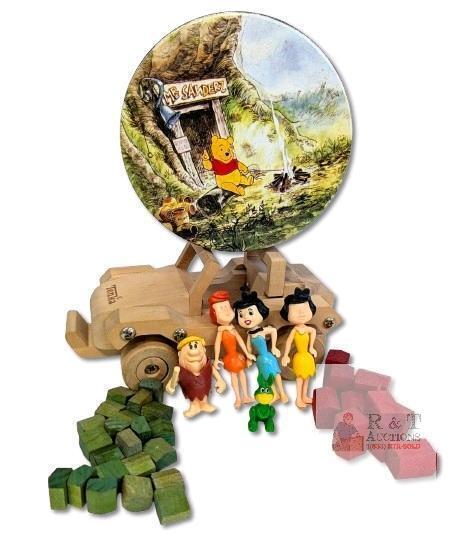 Vintage Winnie The Pooh Huntley & Palmers Biscuit Tin, Wooden Tonka Jeep, Wood Monopoly Houses/Hotels Pieces, Kinder Suprise The Flintstones Toys