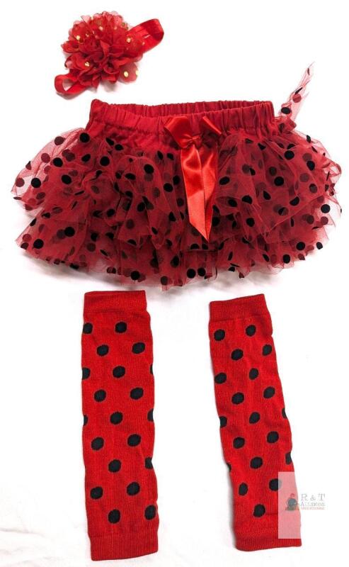 New Size 6-9 Months Baby Girl Summer Ladybug Photo Shoot Set, Frilly Tutu Diaper Cover, Leggings & Gold Dot Floral Headband