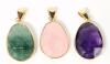 3 New Polished Faceted Semi-Precious Stone Pendants: Amethyst+ Green / Pink Quartz, 1.25" Long Incl Bale