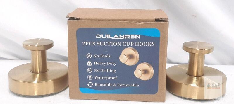 Duilahren Gold Suction Cup Hooks 2-Pack, Heavy Duty, Removable, Waterproof, No Tools Needed