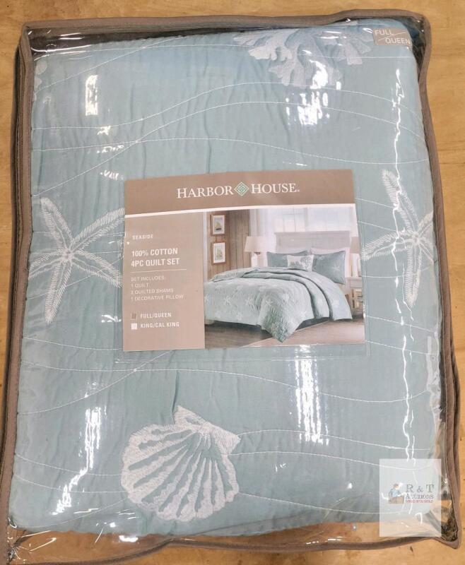 Harbor House Seaside 4-Piece Full/Queen Quilt Set - Aqua, 100% Cotton Percale, Coastal Design