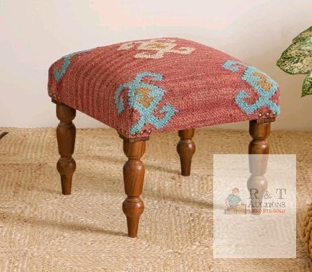 New Handmade Jute Ottoman Stool with Wooden Legs