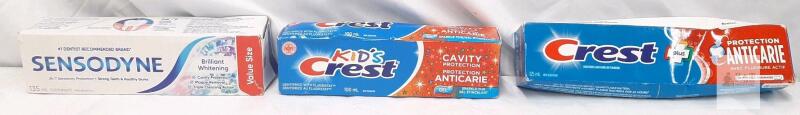 Sensodyne Brilliant Whitening 135mL, Kid's Crest Sparkle Fun Gel 100mL, Crest Plus 125mL Lot