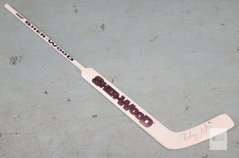 Wooden Sher-Wood RH Goalie Stick Signed by Niagara Area Native Rob Barnhardt . Measures 59.5" Long