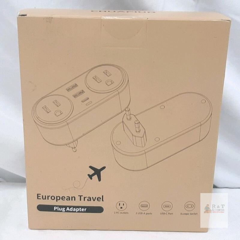 European Travel Plug Adapter, 2 AC Outlets, 2 USB-A, 1 USB-C, 2500W, FCC