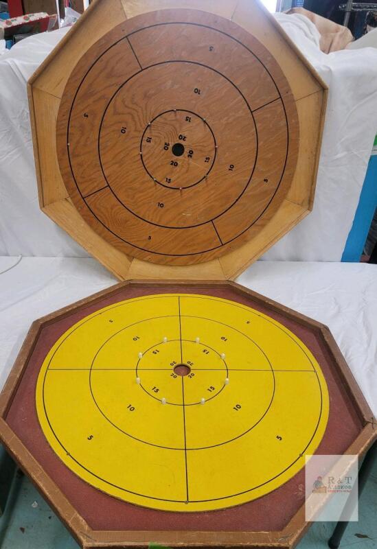 Two 28" Octagonal Crokinole Game Boards - Wood & Yellow Finish, Standard Scoring, No Discs