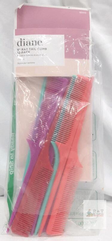 Diane SE443 9-inch Rat Tail Comb Set, 12-Pack, Assorted Colors, Plastic, For Styling and Sectioning