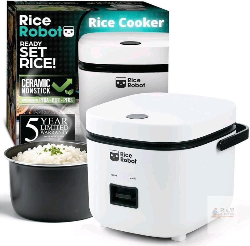 Rice Robot Personal Rice Cooker, PFAS-free, Nonstick. 1.2 Quart Capacity, with Stainless Steel Steamer Tray, Measuring Cups, Recipe Book with 60 Recipes, and Serving Spoon, As Seen On TV - Retails for $49.55 CAD