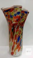 Large 17" Hand-Blown Murano-Style Multicolor Art Glass Vase with Ruffled Rim- no chips or cracks, inner hairline crack does not impact piece