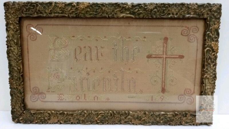 Victorian 1895 Bear the Cross Patiently Needlepoint Sampler, Ornate Gilt Wood Frame, England, Original Frame E.Holland