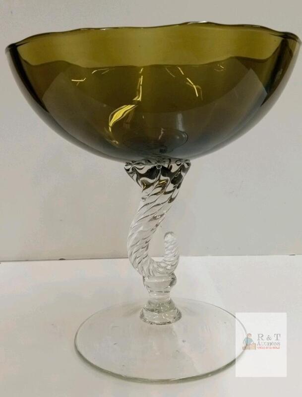 Mid-Century Empoli Italy Glass Compote with Dolphin Stem,7"