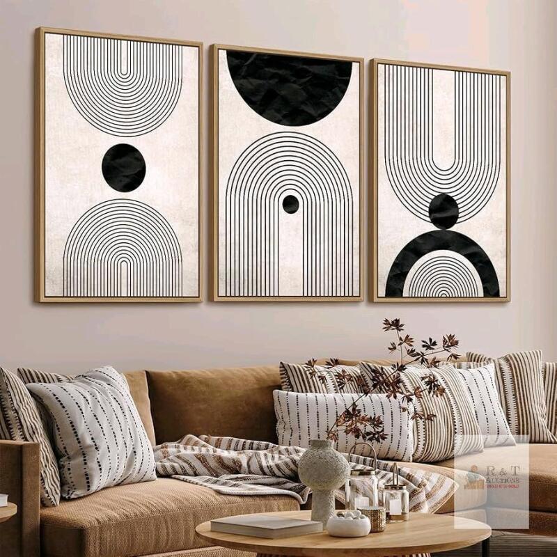 New Framed Wall Art Canvas Set Mid Century Boho Pictures Modern Abstract Geometric Wall Decor Minimalist Black Beige Bohemian Canvas Painting Artwork for Living Room Bedroom Office 15.75" &times; 23.5" &times; 1" Natural