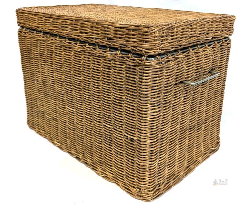 Vintage Wire & Wicker Handled Bin With Lid, 11.25" &times; 18" &times; 13" Tall