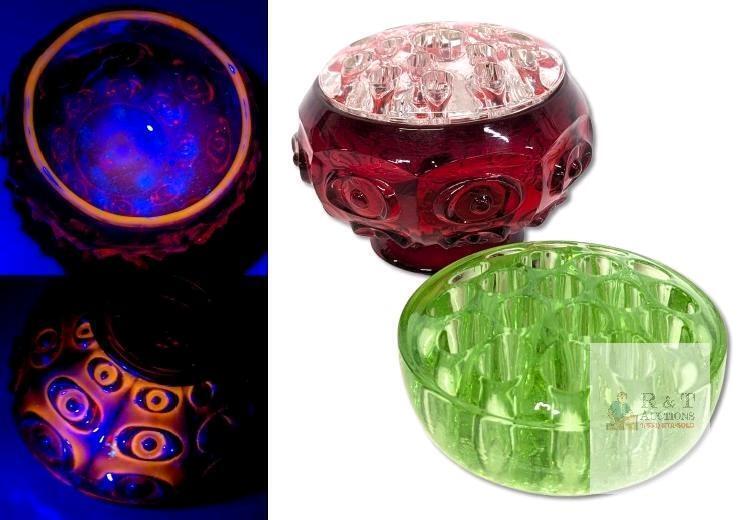 Vintage Unsigned Viking Glass Yesteryear Bullseye Ruby CADMIUM Glass & Clear Flower Frog & Green-Tinted Flower Frog 4" - 4.25" Diameter, No Chips or Crackson Viking, Green Has Fleabites Around Holes