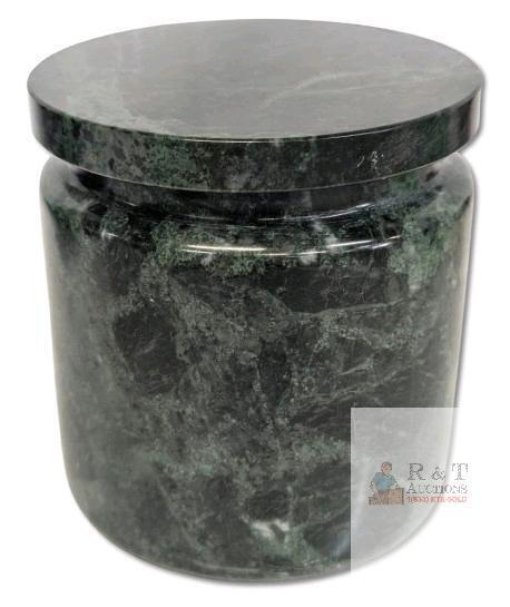 Green Marble Vanity Lidded Jar, 4" Diameter &times; 4.25" Tall, No Chips or Cracks, Fleabites Along Inner Lid Rim