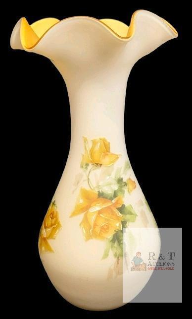 Vintage Frosted Ruffled Glass Yellow Rose Decal Vase, 13" Tall, No Chips or Cracks