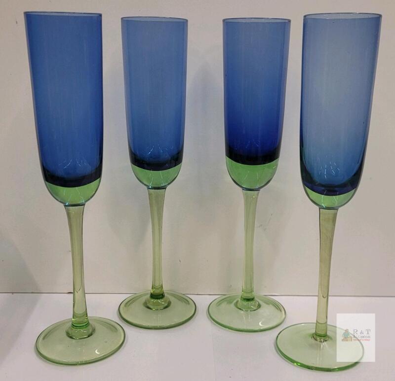 Set of 4 Metropolis by Block Handblown Tall Blue w/Green Stem/Base Champagne Glasses