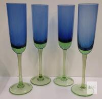 Set of 4 Metropolis by Block Handblown Tall Blue w/Green Stem/Base Champagne Glasses