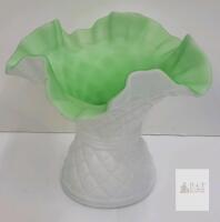 Vintage Kanawha Lattice Glass Vase w/White Quilted Diamond Pattern and Ruffled Green Interior