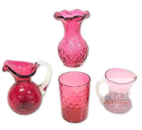 4pcs Vintage Cranberry Glass : Ruffled Vase, Twisted Jug With Pulled Handle, Smooth Creamer Jug & Optic Circle Indent Drinking Glass, Fleabites Along Inner Rim of Drinking Glass, No Other Chips or Cracks