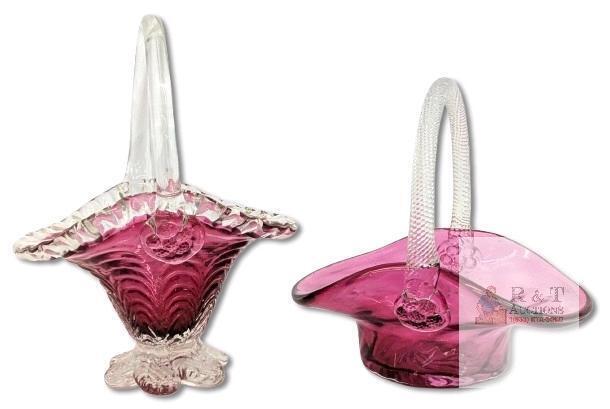 2 Vintage Cranberry & Clear Glass Basket : ROSSI Canada Cranberry Lane Basket 8.75" Tall + Applied Clear Glass Handle Swirl Body Basket 7.25", No Chips or Cracks on Rosdi, Small Chip Found on Other