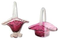 2 Vintage Cranberry & Clear Glass Basket : ROSSI Canada Cranberry Lane Basket 8.75" Tall + Applied Clear Glass Handle Swirl Body Basket 7.25", No Chips or Cracks on Rosdi, Small Chip Found on Other