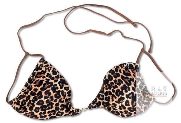 New Size LG Women's Padded Leopard Print Pearl Detail Bikini Top, Padding Removable