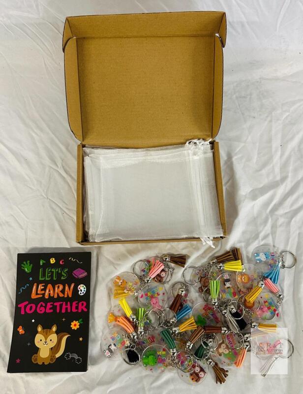 Animal-Themed Acrylic Keychain Gift Set w/ Tassels & Organza Pouches &ndash; Classroom or Party