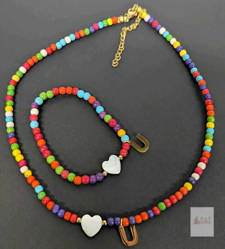 New ZZLAY Beaded Initial "U" Matching Bracelet & Necklace Set, 18" Necklace With Lobster Clasp, Bracelet Elastic