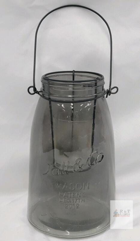 Jall & Co. Mason Jar Lantern, Smoky Glass, 8.5" Tall, Wire Handle, Removable Candle Holder, 2012 Patent