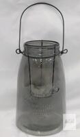 Jall & Co. Mason Jar Lantern, Smoky Glass, 8.5" Tall, Wire Handle, Removable Candle Holder, 2012 Patent