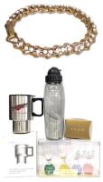 As-New Pier One 4pc Shot Glasses Set, 14oz Stainless Steel Double Walled Travel Mug System92, Air Canada Vacations Plastic Water Bottle & Vintage Avon Goldtone Crystal Bracelet 7" Long