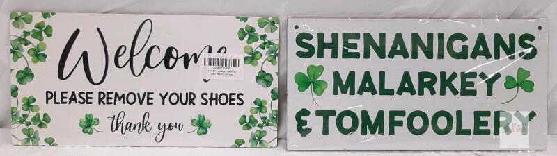 Set of 2 Shamrock Wooden Wall Plaques - 11.5"x6" - Welcome & Shenanigans, Rope Hanging, New