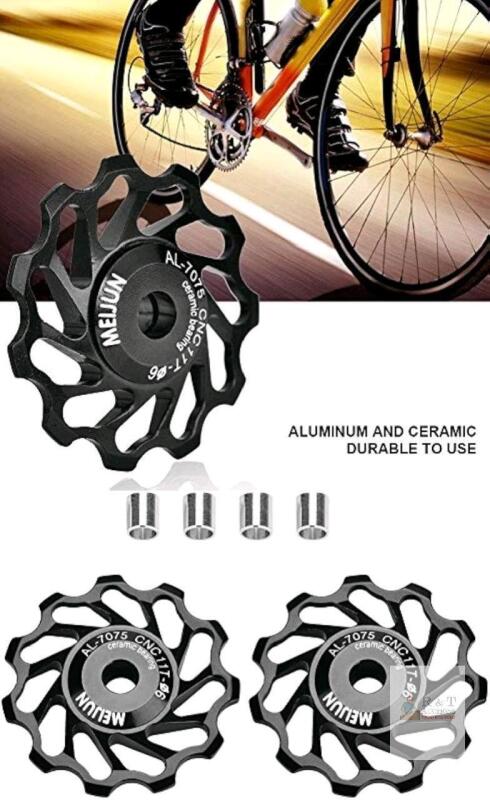 New 1 Pair Meijun 13T Rear Derailleur Pulley, Quality Ceramic Bike Bearing Guide Wheel with Installation Hole Adapter Tubes (Black, 13T)