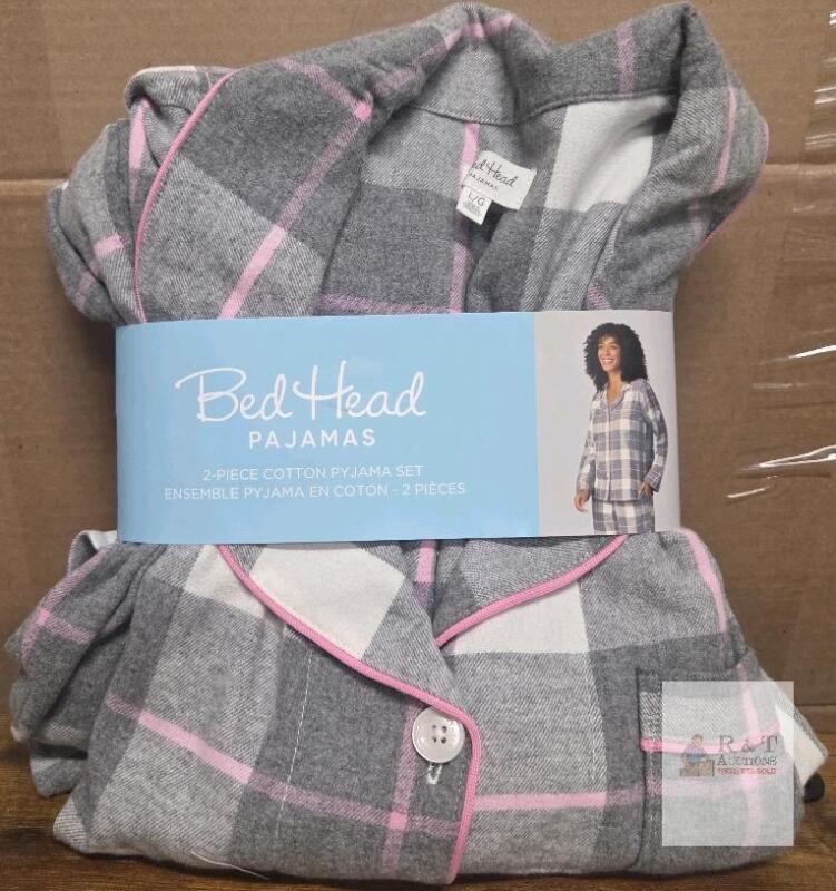NEW BedHead Pajamas 2-Piece Cotton Plaid Set, Women's Size Large, Gray/Pink, Button-Up Top